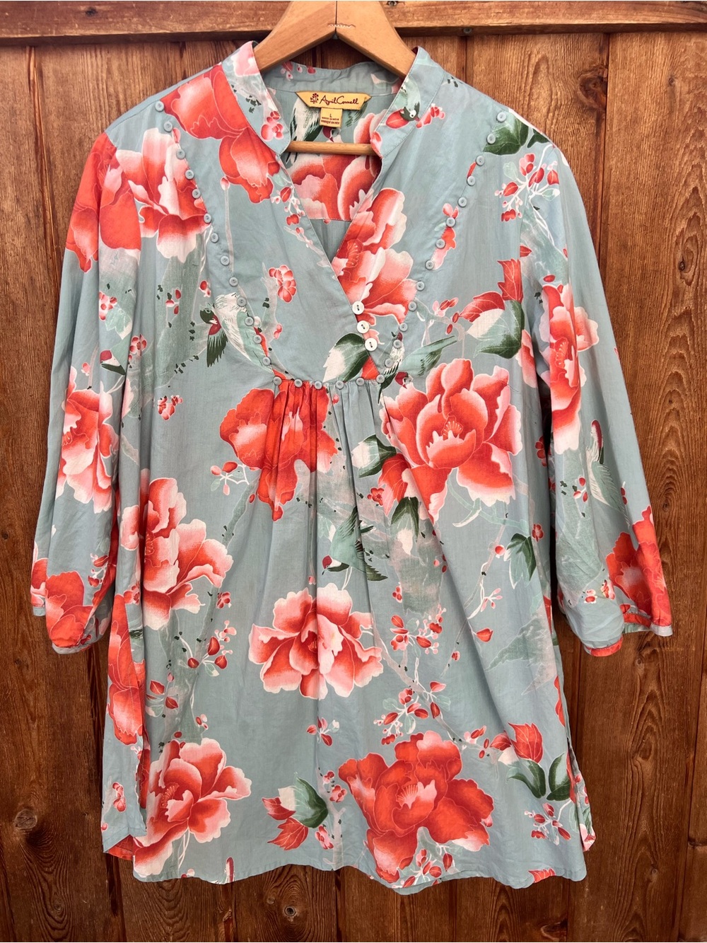 April Cornell 100% Cotton Floral Bird Tunic Top Size L Cottagecore